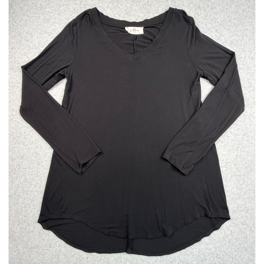 Women Black Long Sleeve V-Neck Tunic Top High Low Hem Small